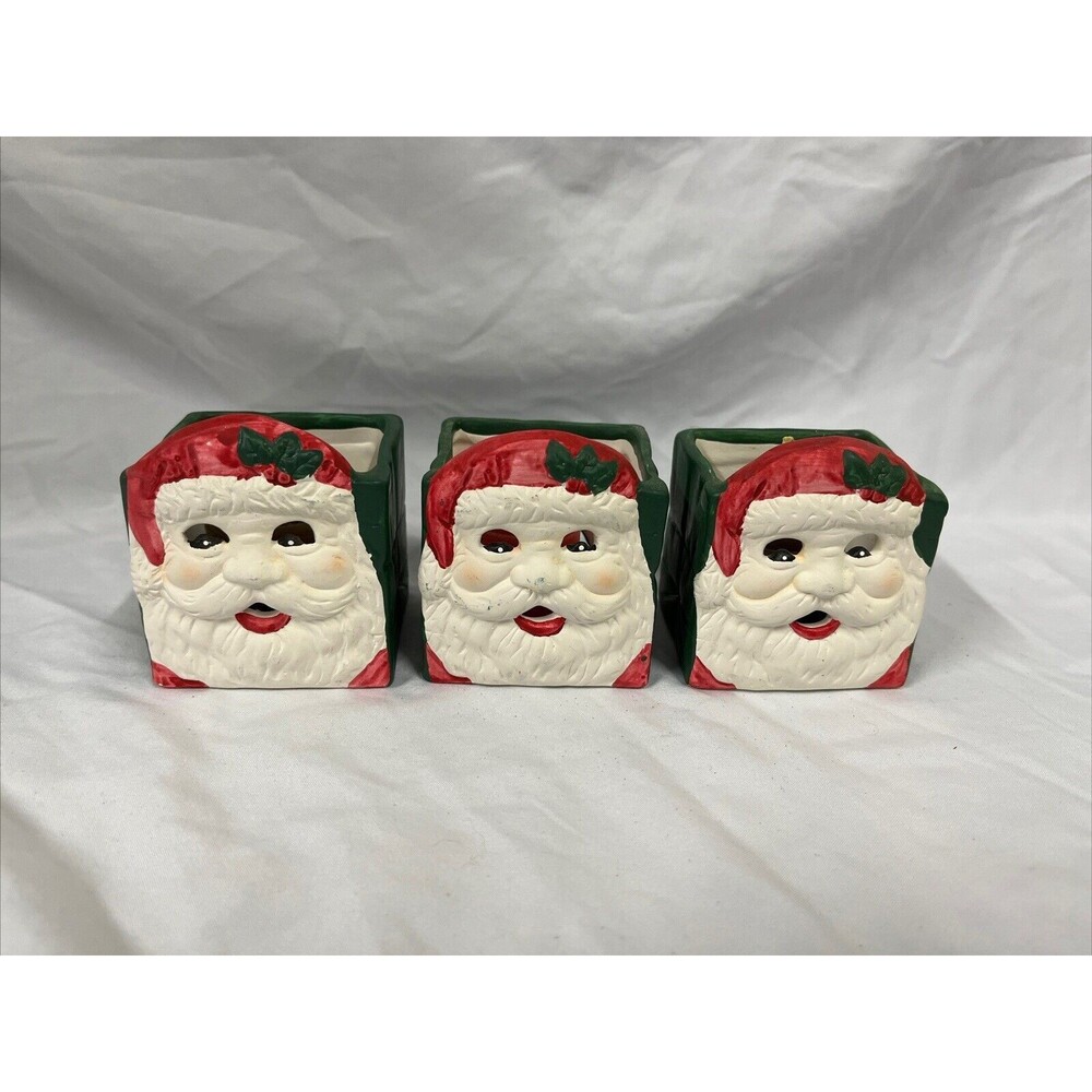 VTG Robert Alan Candle Co. Xmas Santa Face Candle Ceramic Holder W/‎ Candle X 3